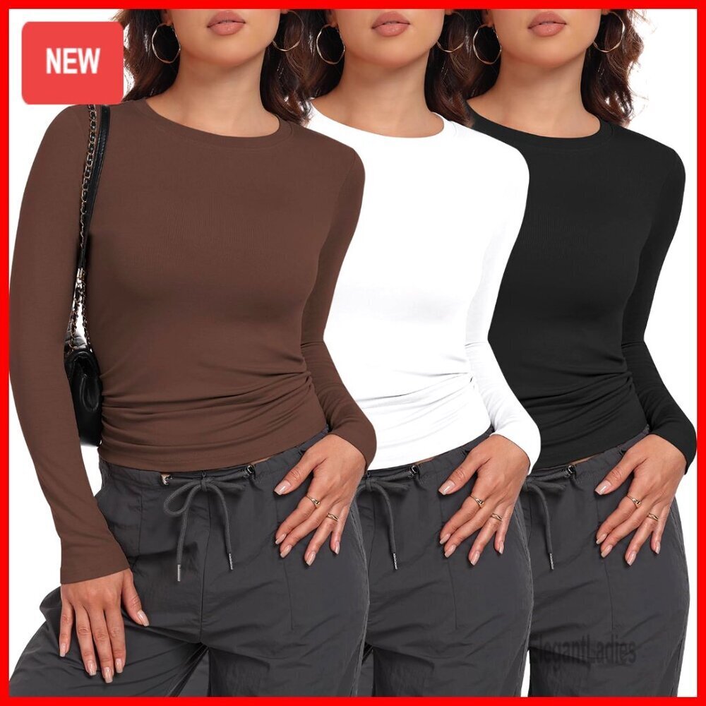 3 Pack Long Sleeve Crew Neck Stretchy Fitted Tops Y2K Fashion